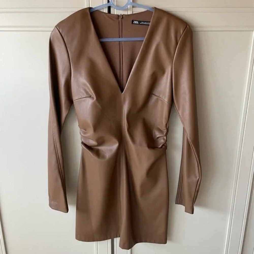 Zara Size XS Brown Faux Leather Dress - Worn Once